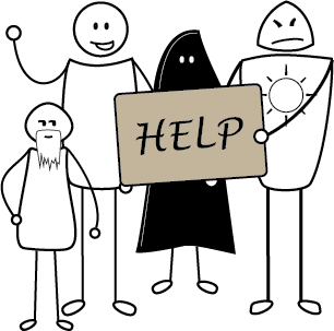 4 cartoon characters holding a help sign